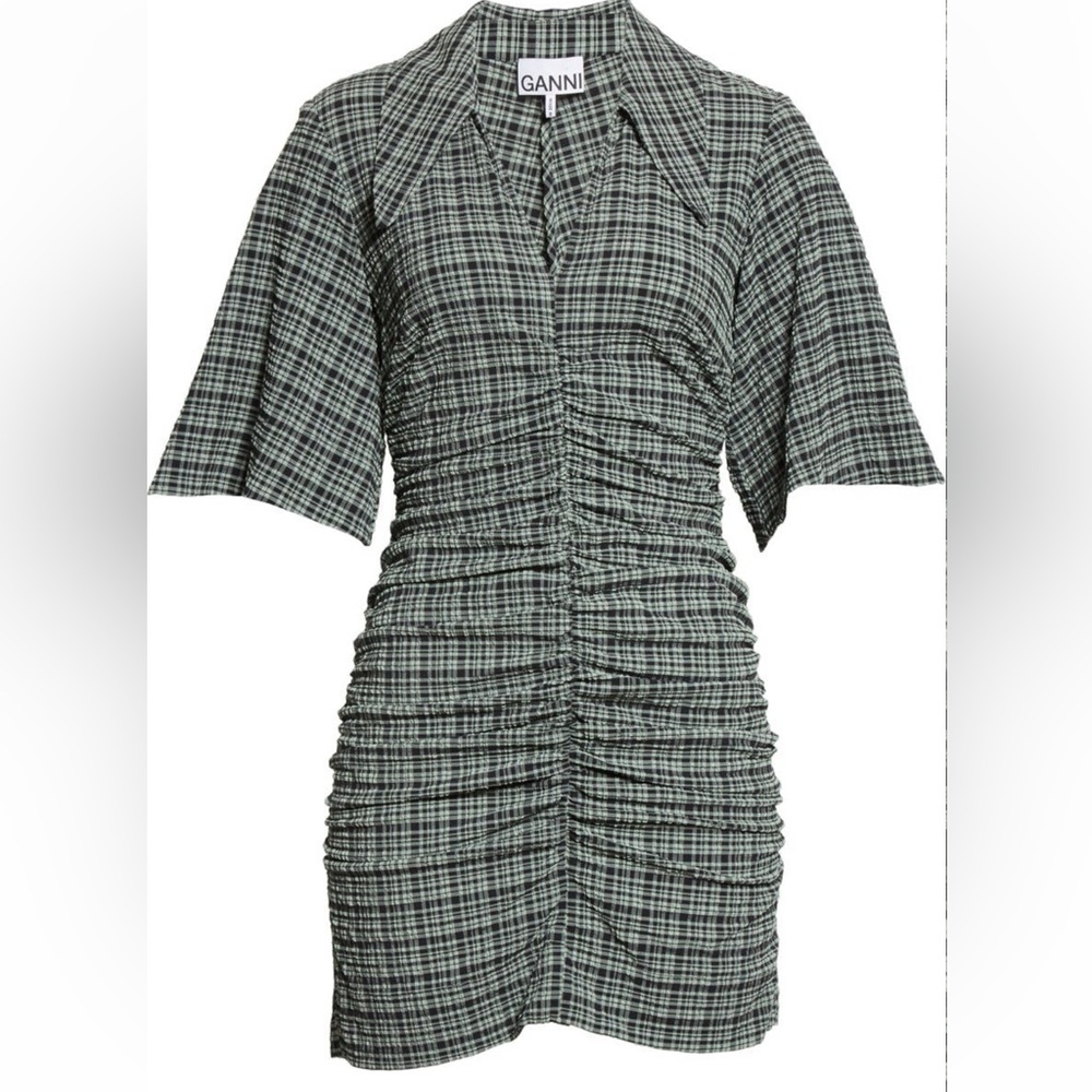 GANNI Check Ruched V-Neck Stretch Seersucker Minidress